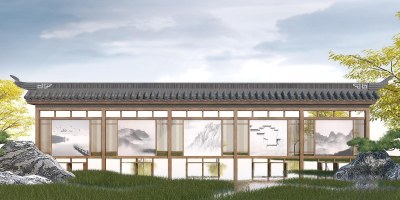 中式防腐木文化长廊3D模型下载